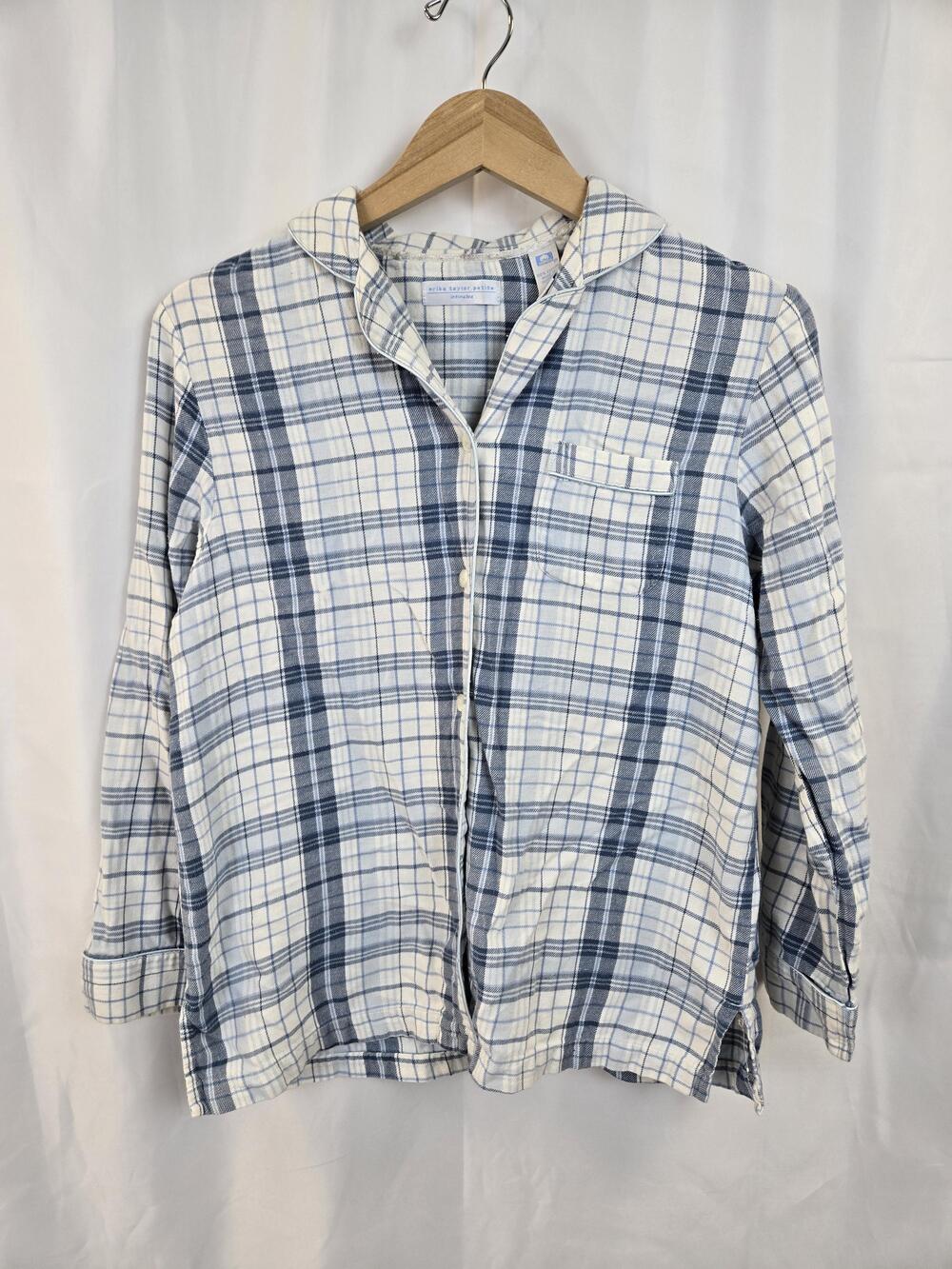 Erika Taylor Petite Pajama Top Womens PM Blue Plaid Flannel Button Up Sleepwear